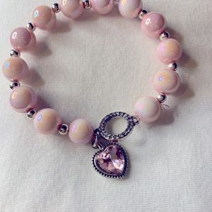 Pink heart and beaded stretchy bracelet